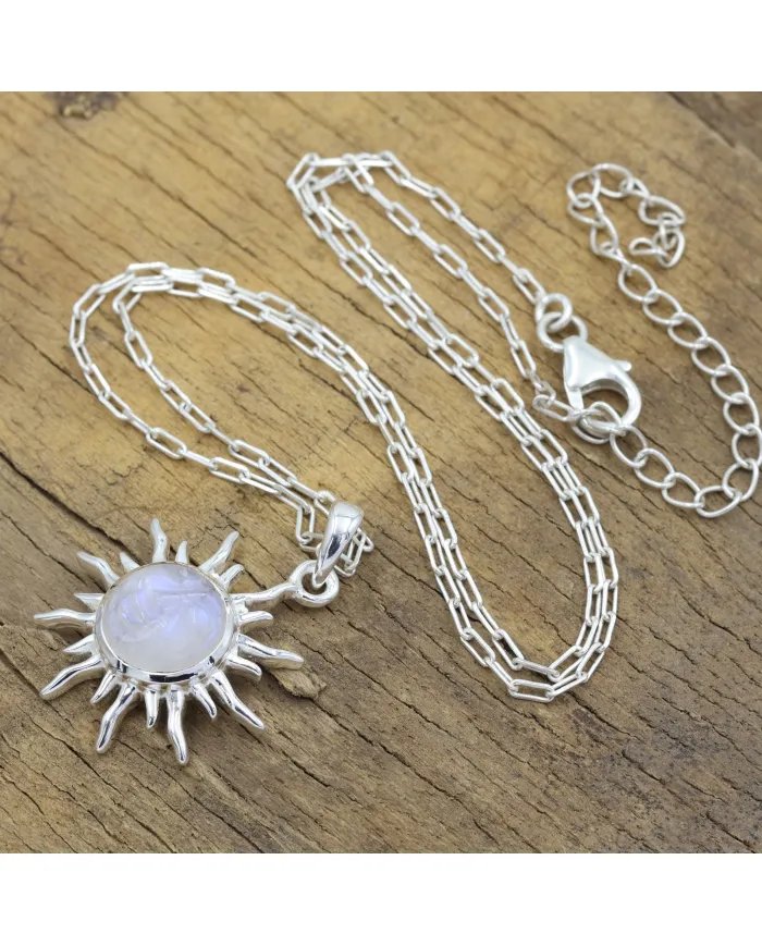 Rainbow Moonstone Sunburst Face Carved Pendant - 925 Silver Jewelry