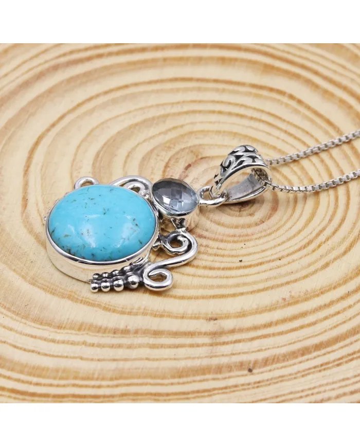 Arizona Turquoise & Sky Blue Topaz Pendant - 925 Sterling Silver Handmade Charm
