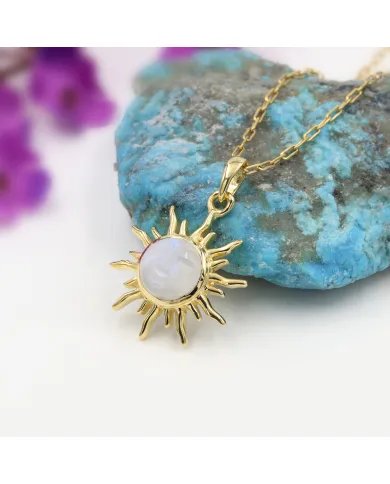Rainbow Moonstone Sunburst Carved Pendant - Gold Plated 925 Silver