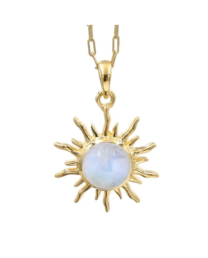 Rainbow Moonstone Sunburst Carved Pendant - Gold Plated 925 Silver
