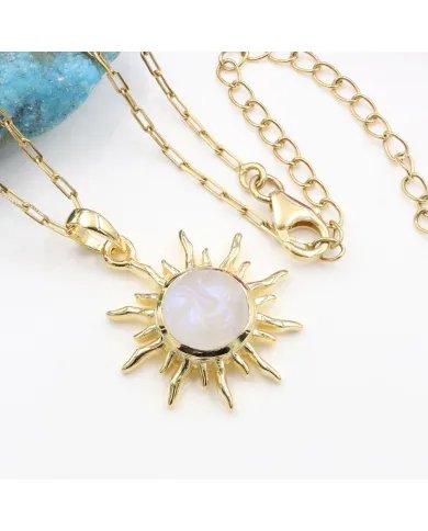Rainbow Moonstone Sunburst Carved Pendant - Gold Plated 925 Silver