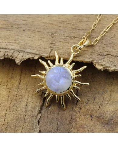 Rainbow Moonstone Sunburst Carved Pendant - Gold Plated 925 Silver