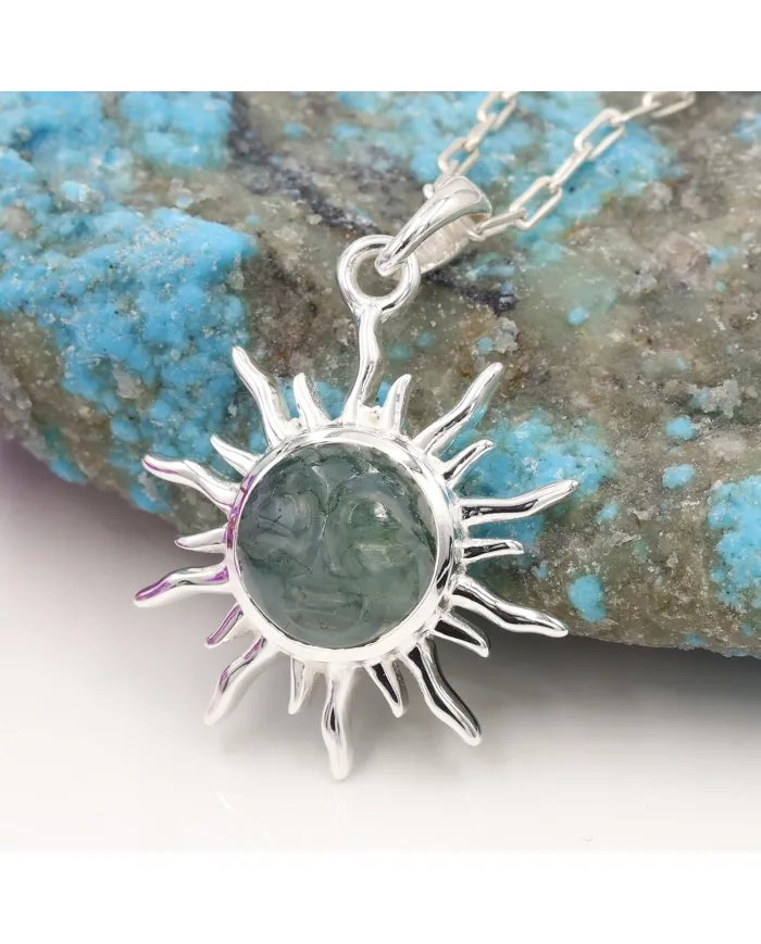 Moss Agate Face Carved Pendant - 925 Sterling Silver Versatile Jewelry
