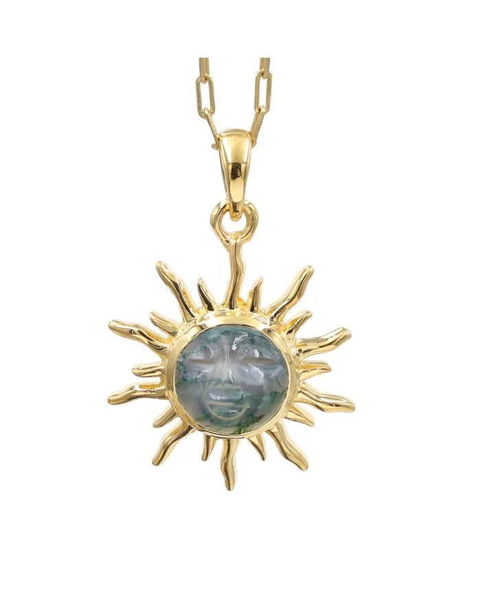 Moss Agate Face Carved Pendant - Gold Plated 925 Sterling Silver Jewelry