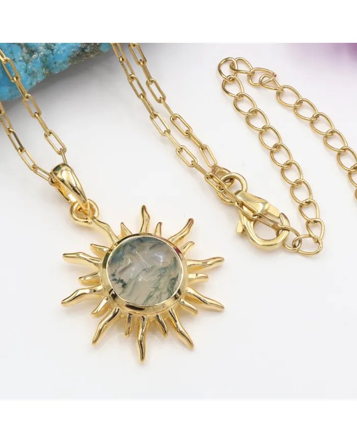 Moss Agate Face Carved Pendant - Gold Plated 925 Sterling Silver Jewelry