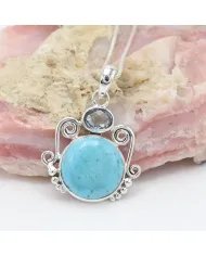 Arizona Turquoise & Sky Blue Topaz Pendant - 925 Sterling Silver Handmade Charm