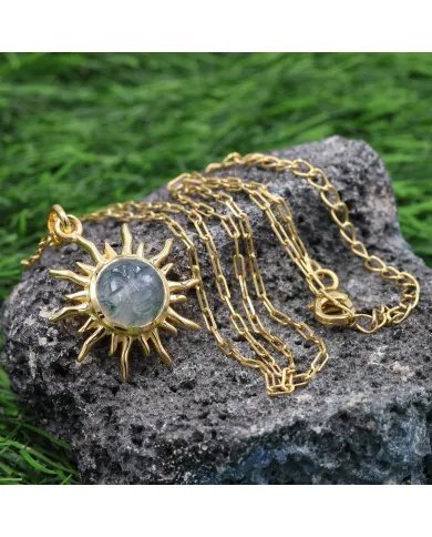 Moss Agate Face Carved Pendant - Gold Plated 925 Sterling Silver Jewelry