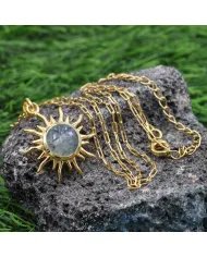 Moss Agate Face Carved Pendant - Gold Plated 925 Sterling Silver Jewelry