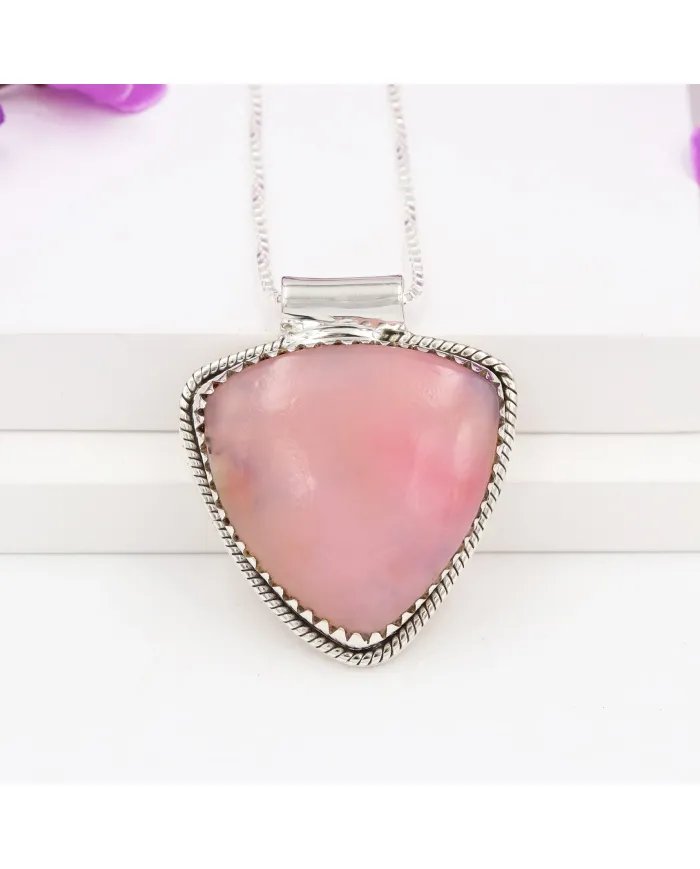 Pink Opal Pendant - 925 Sterling Silver Statement Bohemian Necklace