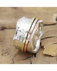 Hammered Spinner Ring - 925 Sterling Silver Brass & Copper Fidget Jewelry