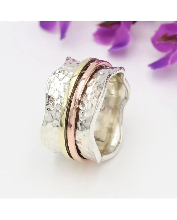 Hammered Spinner Ring - 925 Sterling Silver Brass & Copper Fidget Jewelry