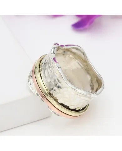 Hammered Spinner Ring - 925 Sterling Silver Brass & Copper Fidget Jewelry