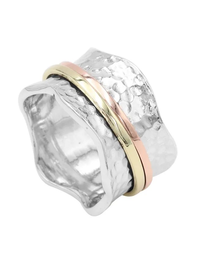 Hammered Spinner Ring - 925 Sterling Silver Brass & Copper Fidget Jewelry