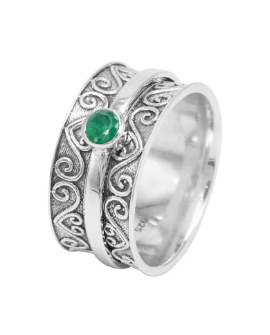 Emerald Spinner Ring | 925 Sterling Silver Filigree Fidget Band