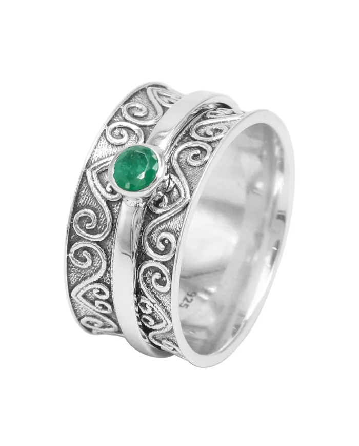 Emerald Spinner Ring | 925 Sterling Silver Filigree Fidget Band
