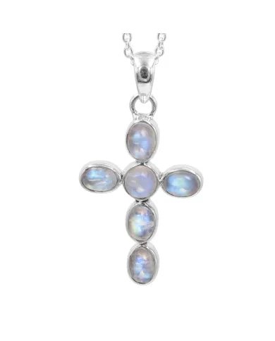Rainbow Moonstone Cross Pendant - 925 Sterling Silver Religious Jewelry
