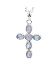 Rainbow Moonstone Cross Pendant - 925 Sterling Silver Religious Jewelry