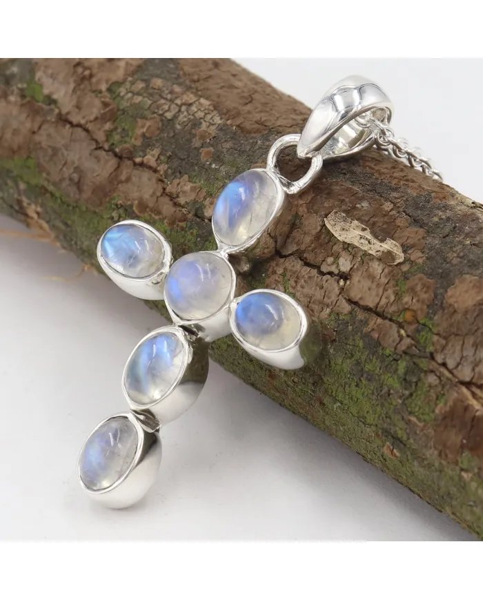 Rainbow Moonstone Cross Pendant - 925 Sterling Silver Religious Jewelry