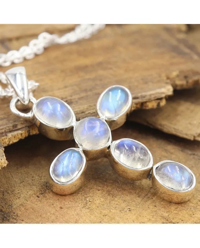 Rainbow Moonstone Cross Pendant - 925 Sterling Silver Religious Jewelry
