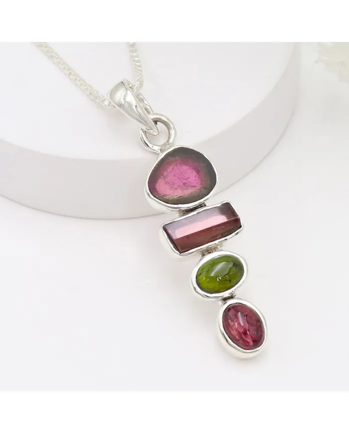 Multi Tourmaline Vertical Bar Pendant 925 Sterling Silver Necklace