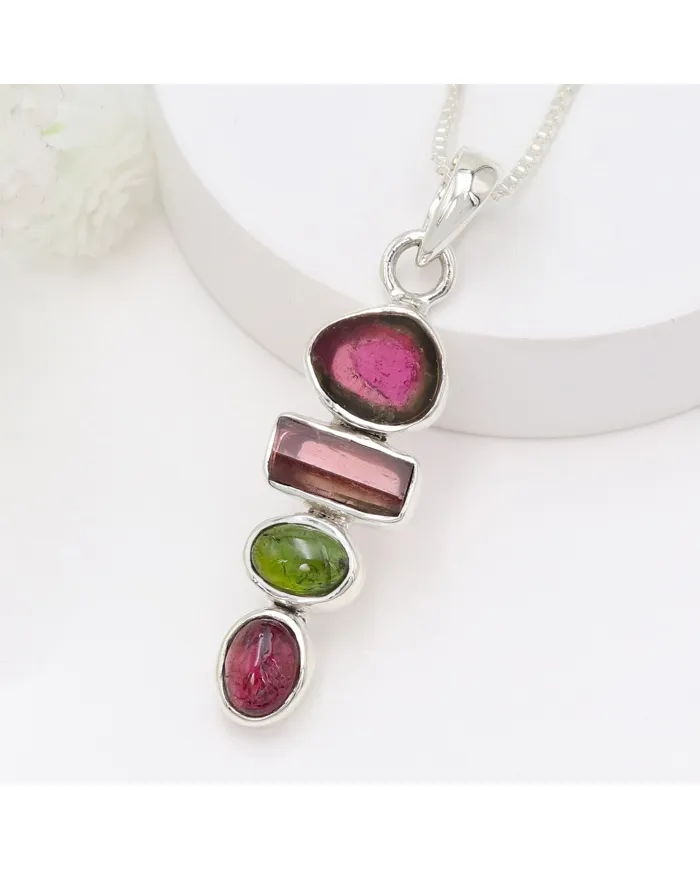 Multi Tourmaline Vertical Bar Pendant 925 Sterling Silver Necklace