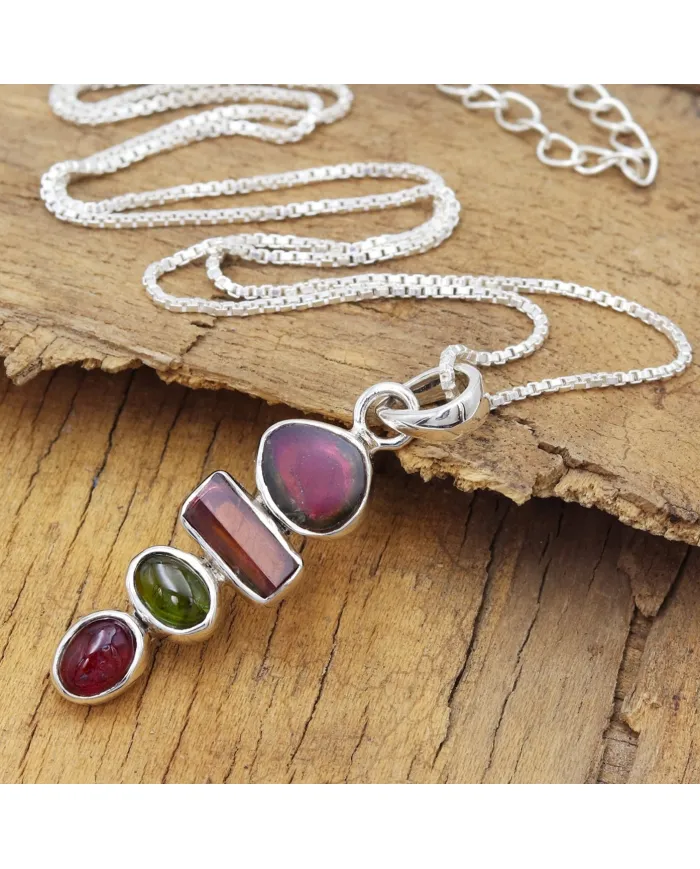 Multi Tourmaline Vertical Bar Pendant 925 Sterling Silver Necklace