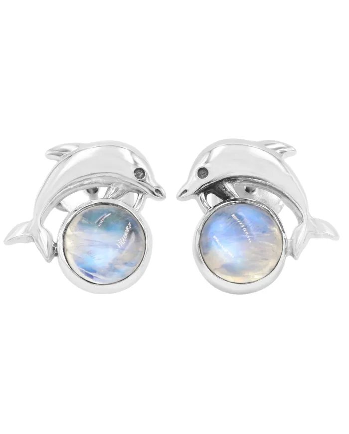 Rainbow Moonstone Dolphin Stud - 925 Sterling Silver Gemstone Jewelry