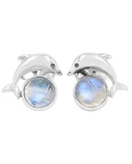 Rainbow Moonstone Dolphin Stud - 925 Sterling Silver Gemstone Jewelry