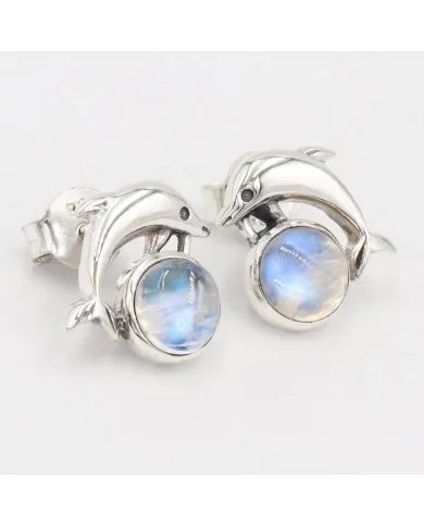 Rainbow Moonstone Dolphin Stud - 925 Sterling Silver Gemstone Jewelry