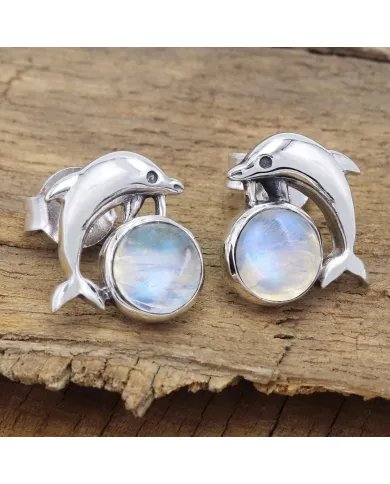 Rainbow Moonstone Dolphin Stud - 925 Sterling Silver Gemstone Jewelry