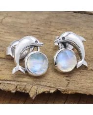 Rainbow Moonstone Dolphin Stud - 925 Sterling Silver Gemstone Jewelry