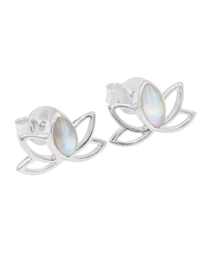 Rainbow Moonstone lotus studs - 925 Sterling Silver Gemstone Jewelry