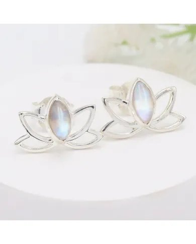 Rainbow Moonstone lotus studs - 925 Sterling Silver Gemstone Jewelry