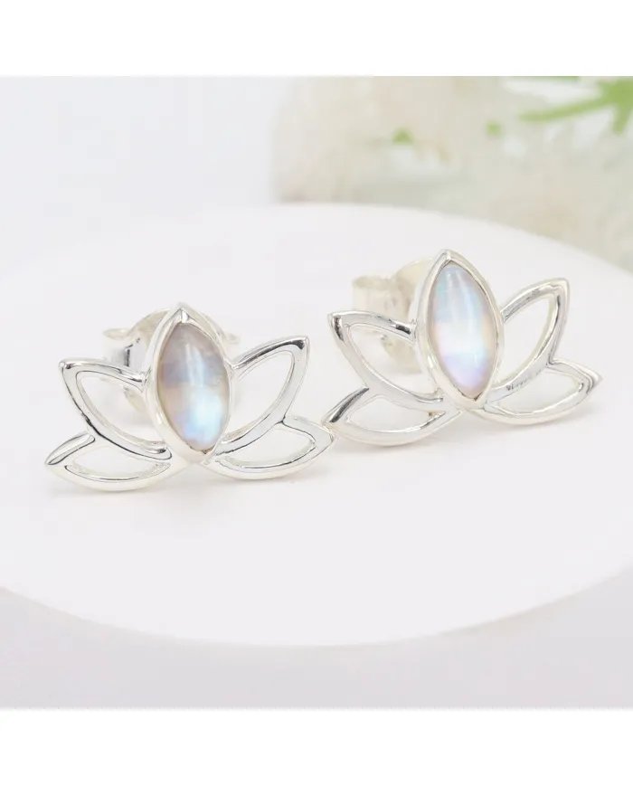Rainbow Moonstone lotus studs - 925 Sterling Silver Gemstone Jewelry
