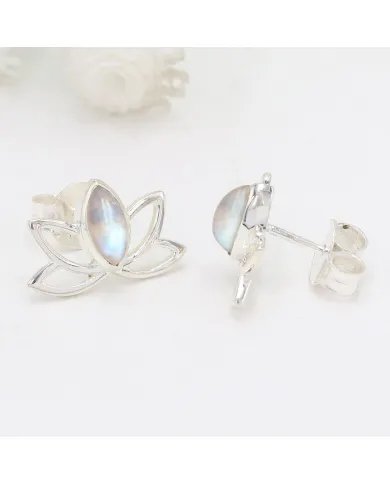 Rainbow Moonstone lotus studs - 925 Sterling Silver Gemstone Jewelry