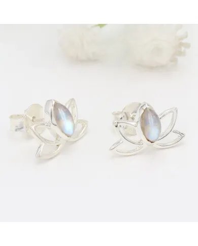 Rainbow Moonstone lotus studs - 925 Sterling Silver Gemstone Jewelry