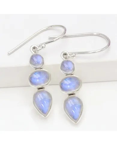 Rainbow Moonstone Dangle Earrings - 925 Sterling Silver Handmade Jewelry