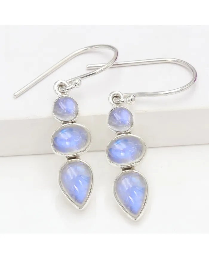 Rainbow Moonstone Dangle Earrings - 925 Sterling Silver Handmade Jewelry