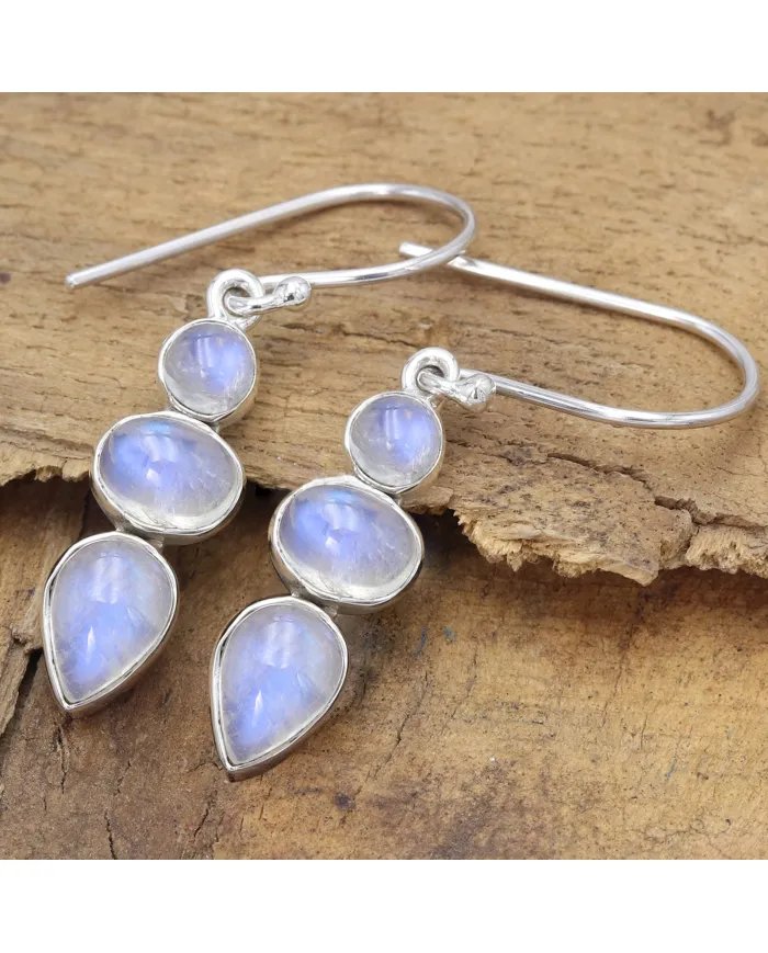Rainbow Moonstone Dangle Earrings - 925 Sterling Silver Handmade Jewelry