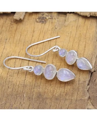 Rainbow Moonstone Dangle Earrings - 925 Sterling Silver Handmade Jewelry