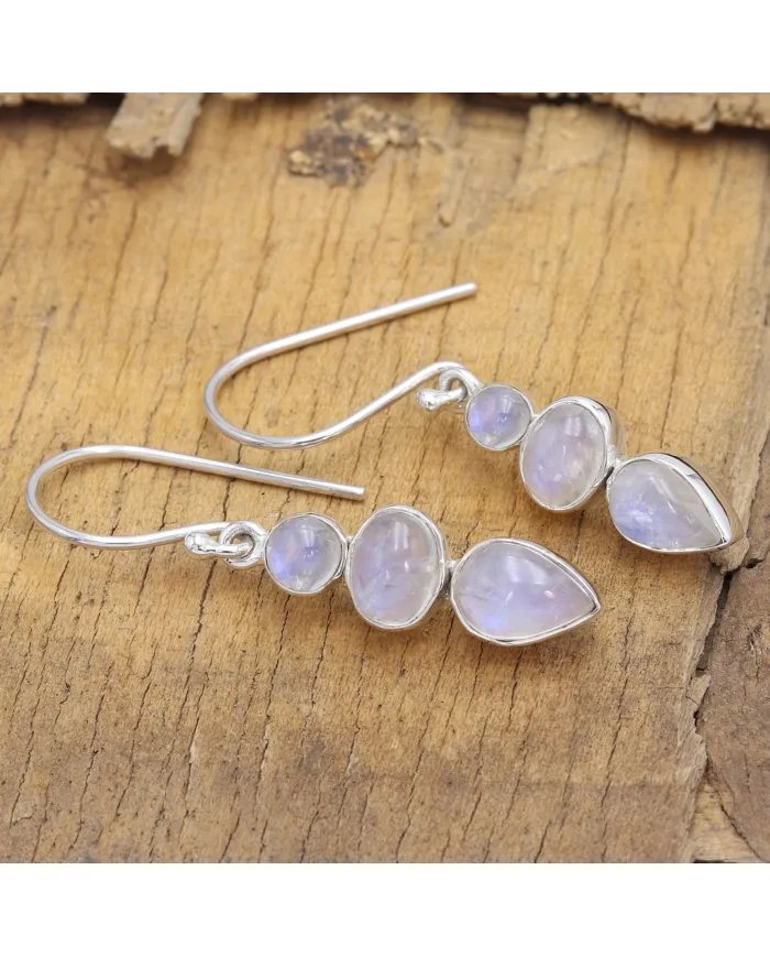 Rainbow Moonstone Dangle Earrings - 925 Sterling Silver Handmade Jewelry