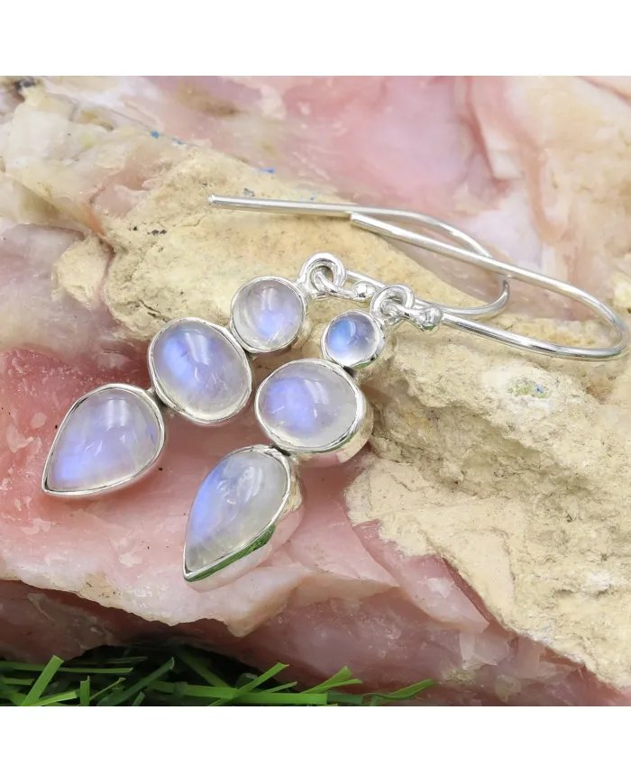 Rainbow Moonstone Dangle Earrings - 925 Sterling Silver Handmade Jewelry
