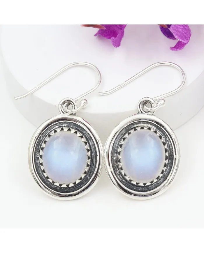 Rainbow Moonstone Oval Shape Earrings - Handmade 925 Sterling Silver