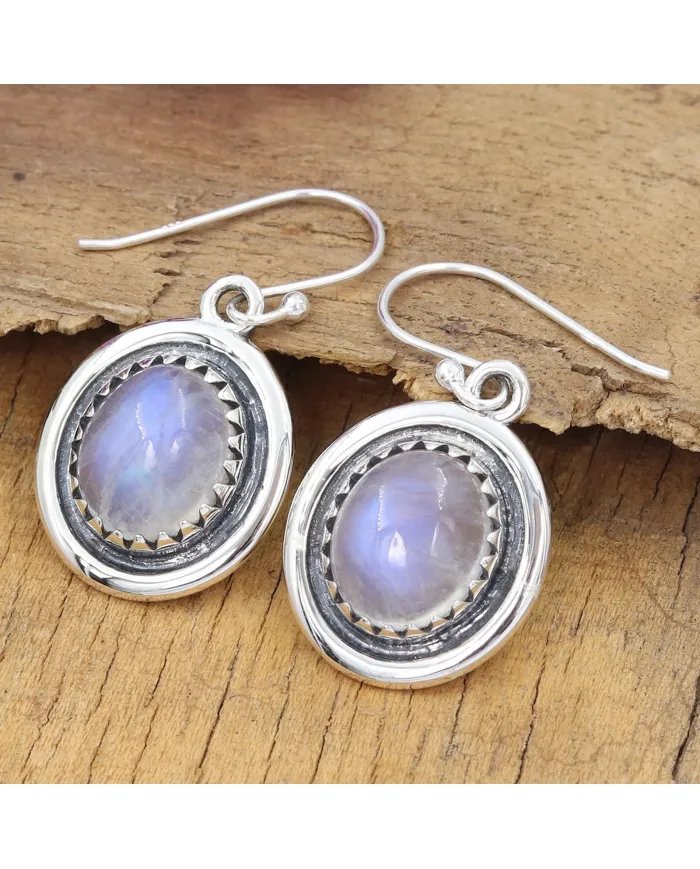 Rainbow Moonstone Oval Shape Earrings - Handmade 925 Sterling Silver