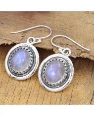 Rainbow Moonstone Oval Shape Earrings - Handmade 925 Sterling Silver