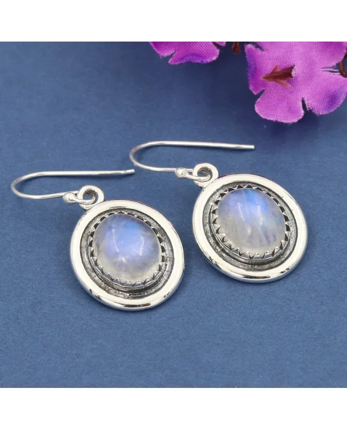 Rainbow Moonstone Oval Shape Earrings - Handmade 925 Sterling Silver