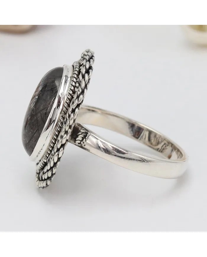 Tourmalinated Quartz Ring - 925 Sterling Silver Handcrafted Jewelry