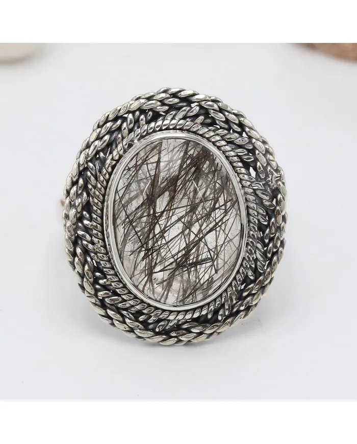 Tourmalinated Quartz Ring - 925 Sterling Silver Handcrafted Jewelry