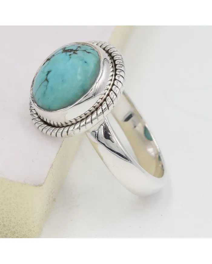 Tibetan Turquoise Gemstone Ring - 925 Sterling Silver Handmade Jewelry