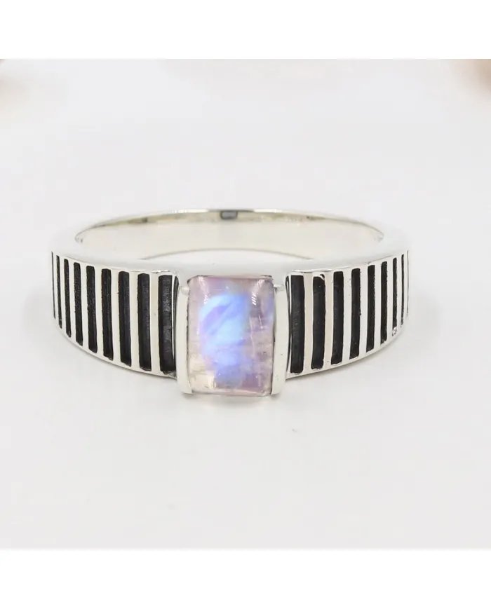 Rainbow Moonstone Ring - 925 Sterling Silver Oxidized Finish Jewelry
